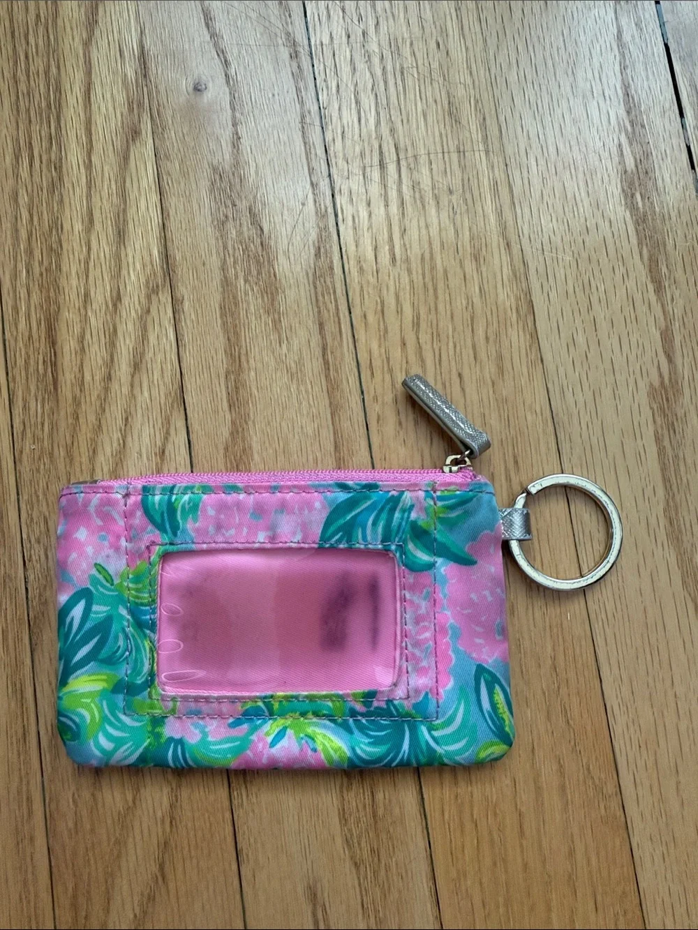 Lilly Pulitzer Pink Green Floral Key Pouch with Silver Trim